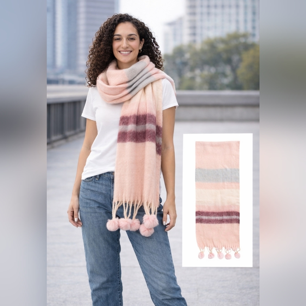 Lulla Collection Pom Pom Tassel Stripe Scarf Blush Soft Cozy Knit Wrap New